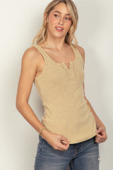 VERY J Y2K Washed Ribbed Tank Top with Placket Detail - Spring Essentials
