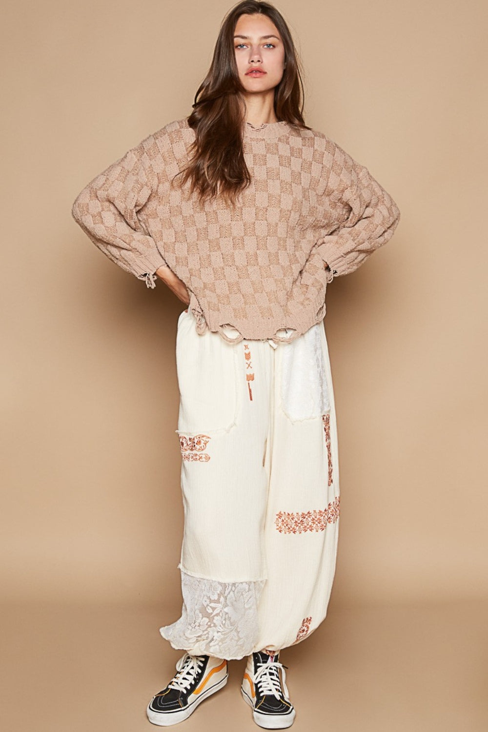 POL Checkered Distressed Edge Oversized Sweater - Cozy Chenille Fabric