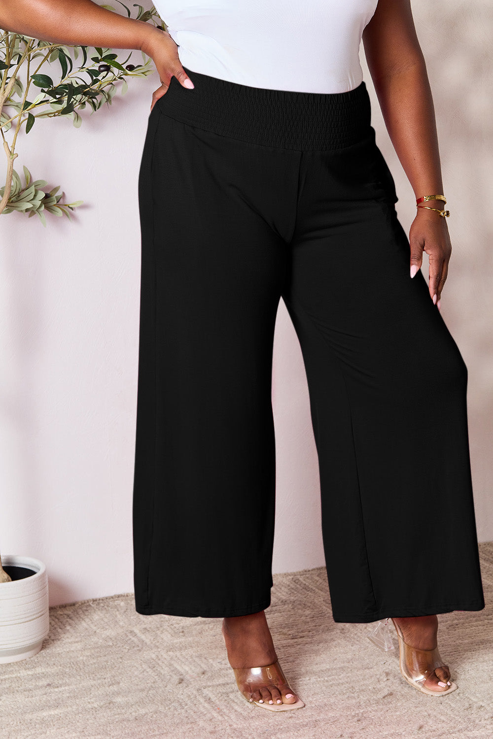 Women's Full Size Smocked High-Waist Wide Leg Pants - Trendy & Comfortable
