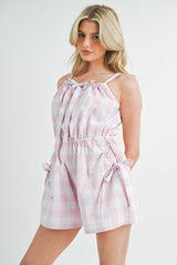 Trendy Plaid Sleeveless Button-Down Romper with Pockets
