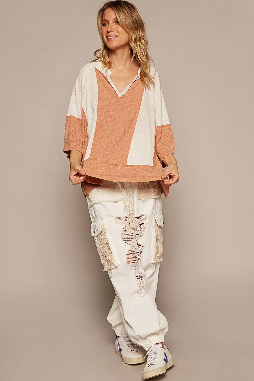 Trendy POL Notched Frayed Edge Contrast Top for Stylish Outfits