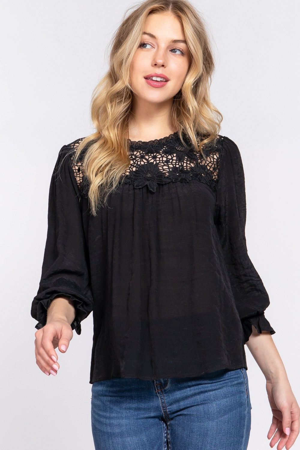 ACTIVE BASIC Women's Crochet Lace Panel Flounce Sleeve Blouse - Elegant & Feminine Top