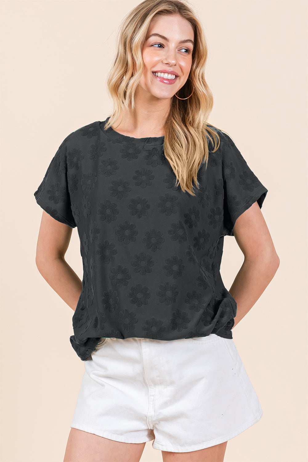 BOMBOM Women's Textured Floral Pattern Short Sleeve T-Shirt - Versatile & Stylish