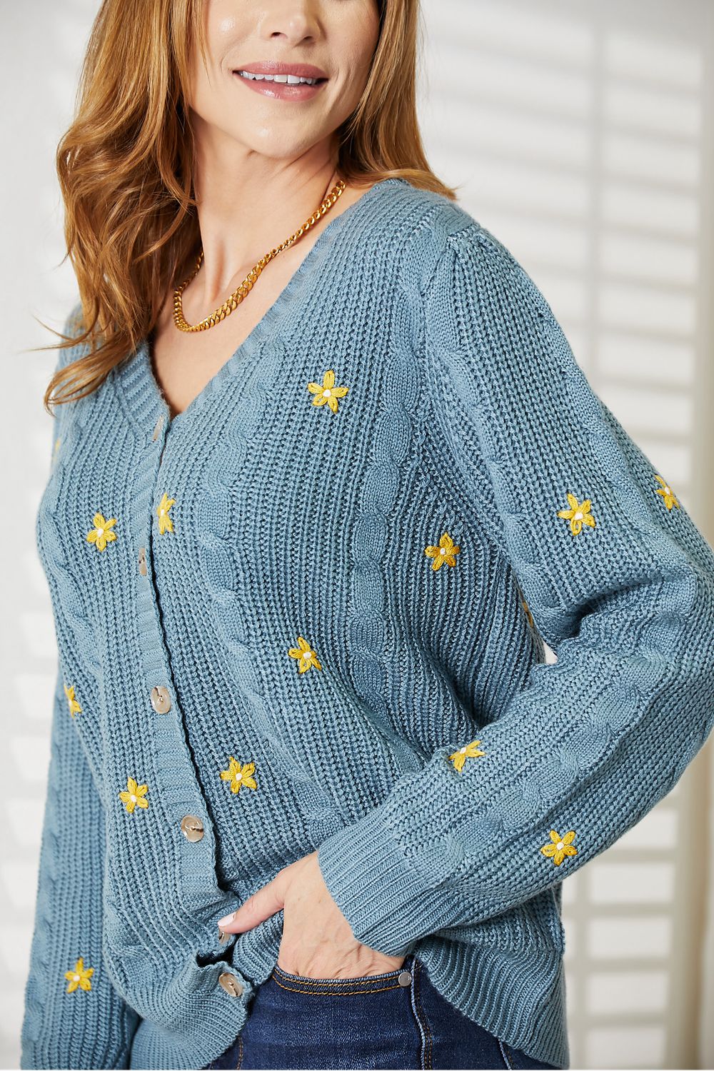 HEYSON Full Size Floral Embroidered Cable Knit Cardigan - Cozy & Elegant