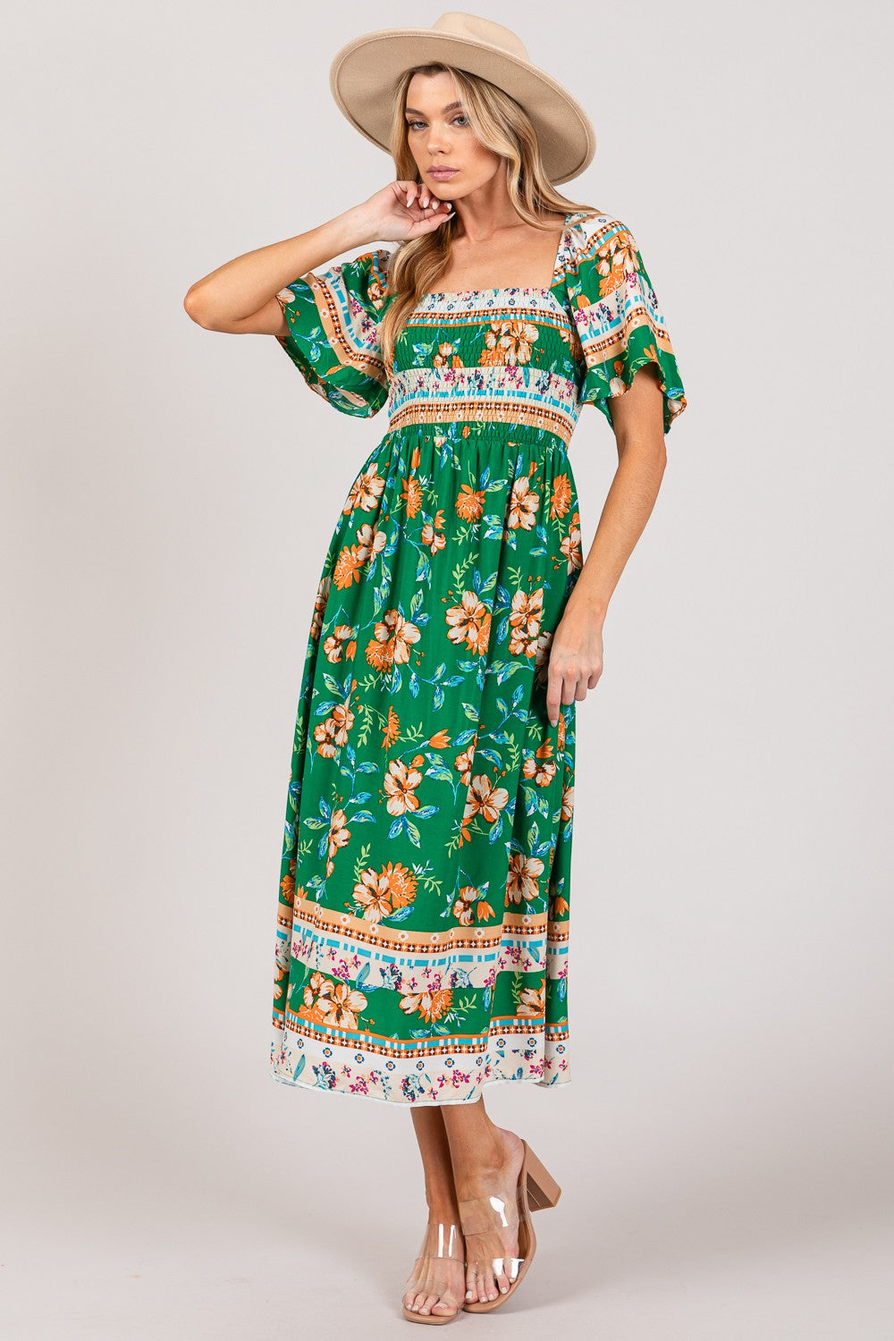 Chic Smocked Short Sleeve Midi Dress with Stylish Print