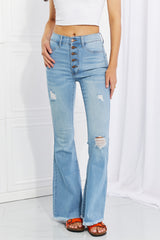 Vibrant MIU Jess High Rise Flare Jeans - Retro Distressed Denim with 5-Button Fly