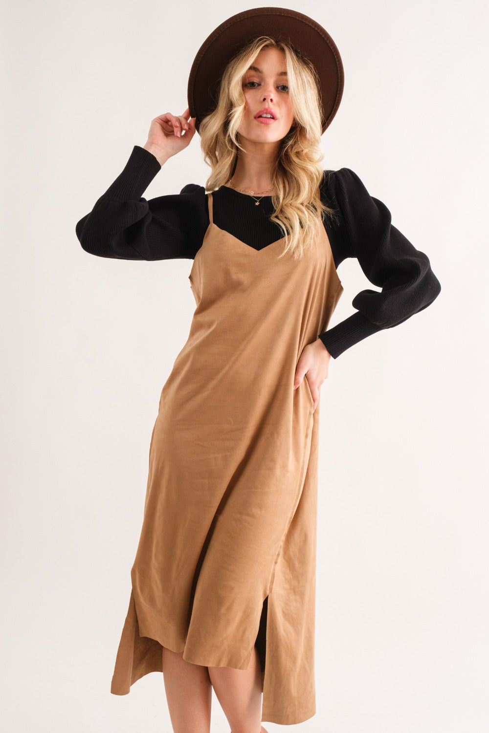 Stylish Faux Suede Cut Edge Slit Cami Midi Dress - Elegant & Versatile