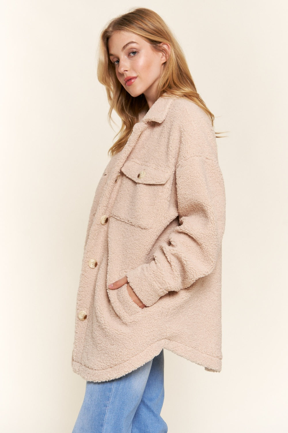 Cozy Teddy Sherpa Button-Down Shacket with Curved Hem - And The Why