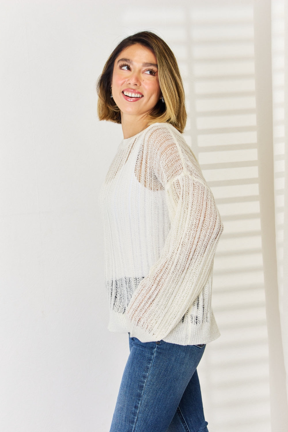 HYFVE Women's Openwork Knit Top with Ribbed Trim - Long Sleeve