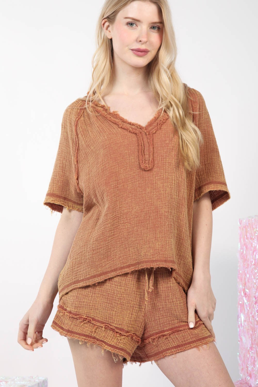 Trendy Washed Cotton Crinkle Gauze Top & Shorts Set with Frayed Hems