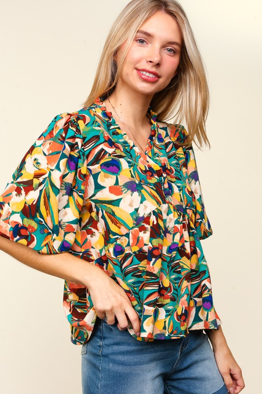 Haptics Full Size Frill Floral Puff Sleeve Peplum Blouse - Elegant & Romantic Women's Top