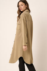 Mittoshop Acid Wash French Terry Longline Shacket - Cozy & Chic Midi-Length Top