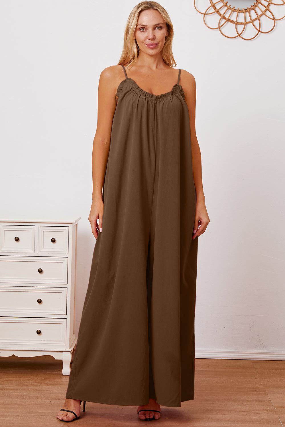 Elegant Ruffle Trim Tie Back Cami Jumpsuit with Pockets - Full Size Range