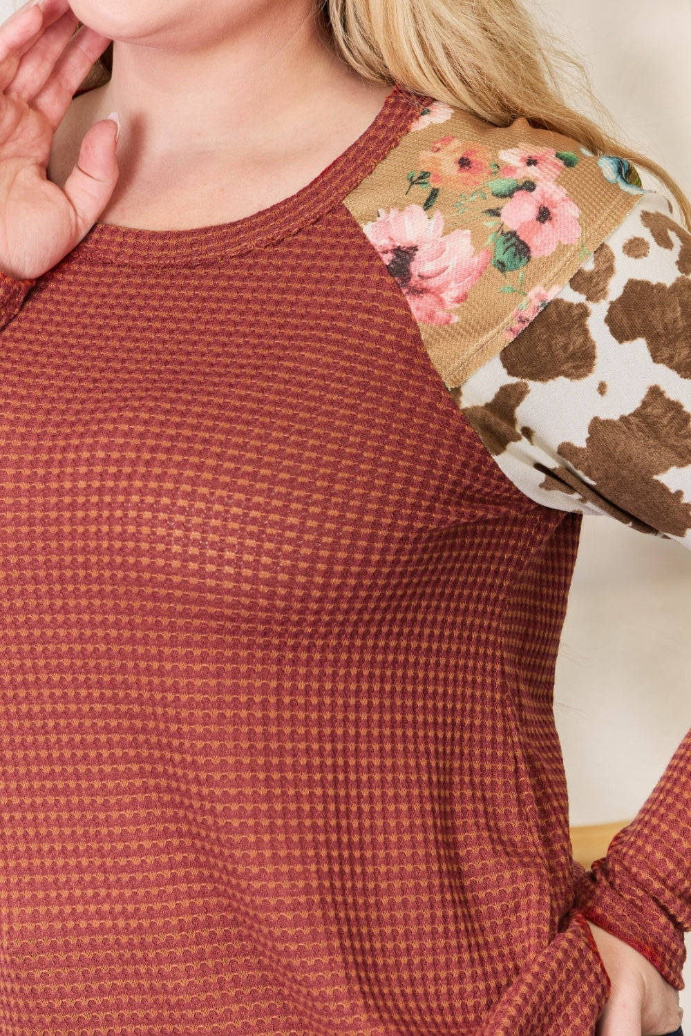 Hailey & Co Full Size Leopard Waffle-Knit Blouse – Trendy & Cozy Women's Fashion