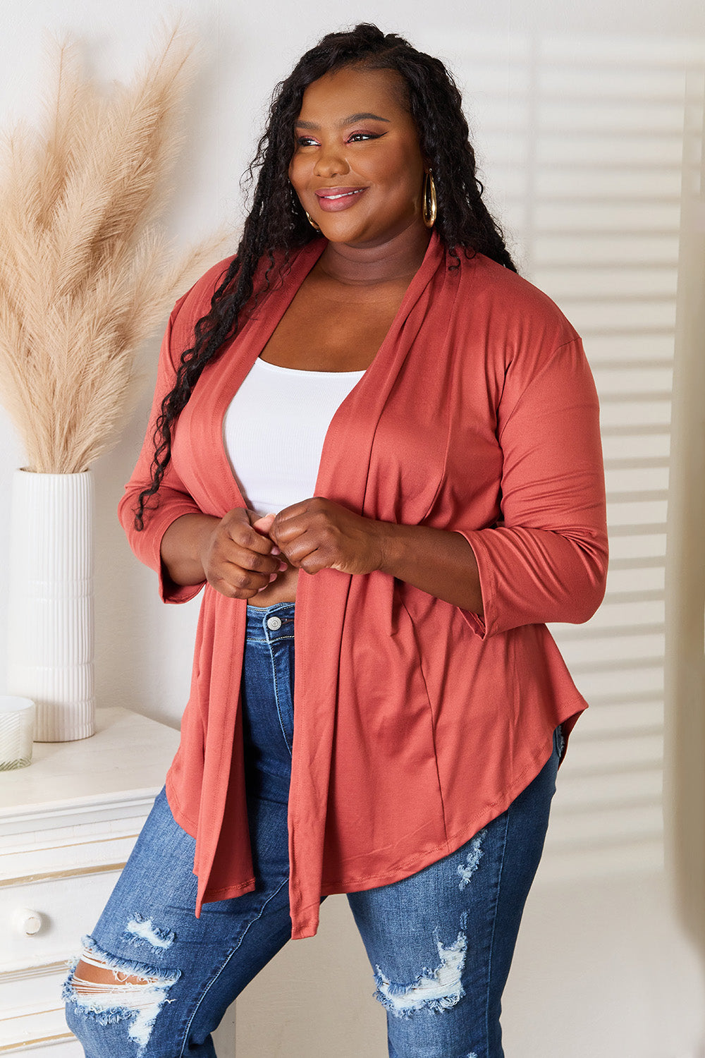 Culture Code Elegant Open Front Cardigan with Draped 3/4 Sleeves