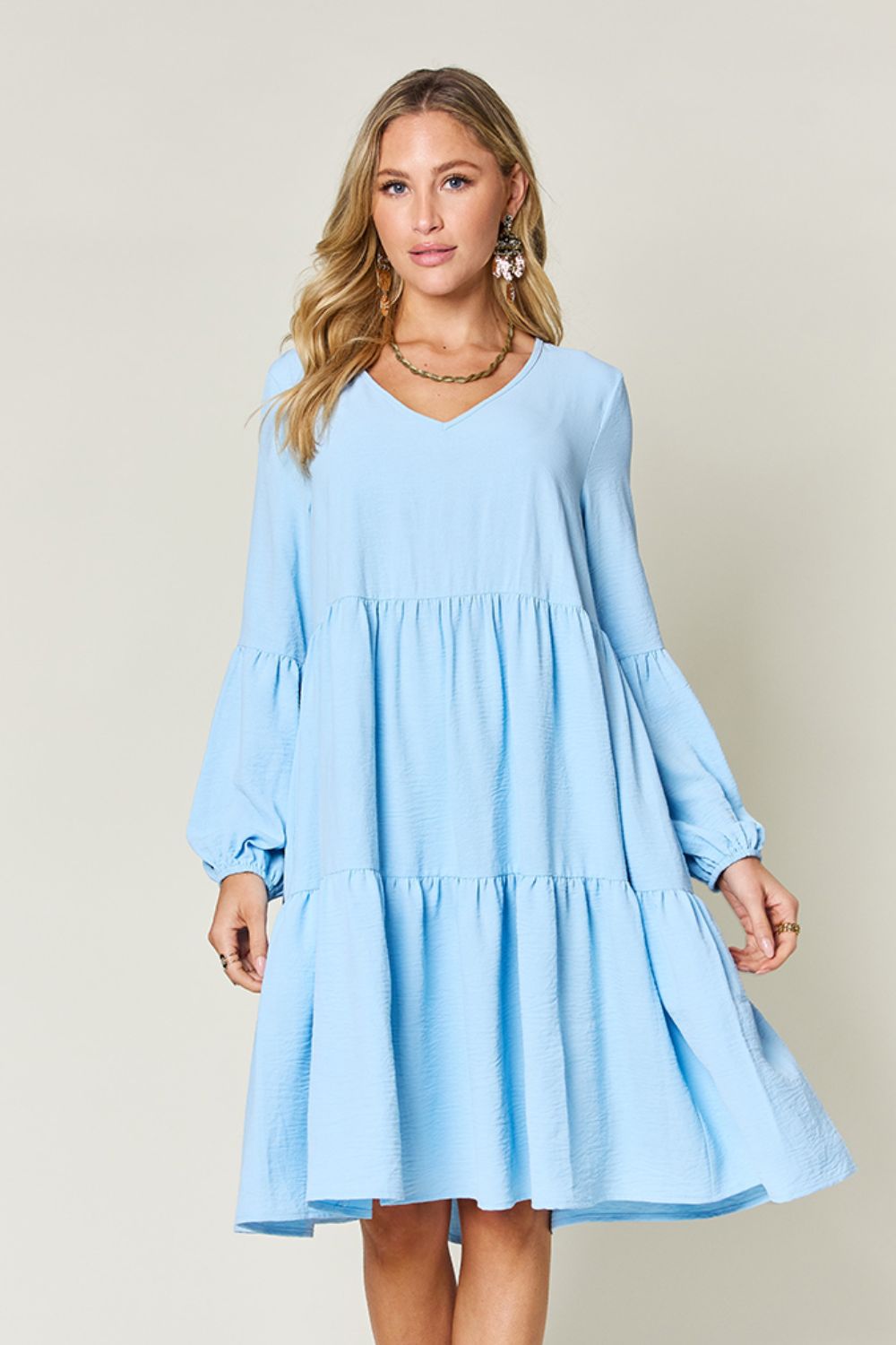 Elegant V-Neck Balloon Sleeve Tiered Dress with Pockets - Perfect for Every Occasion