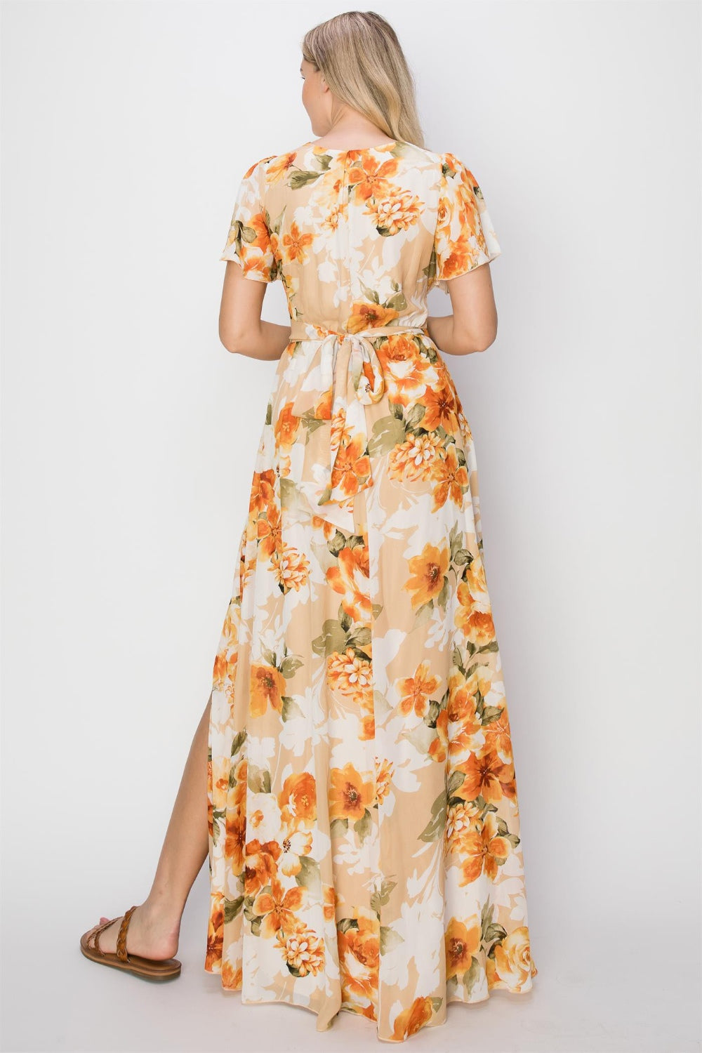 HYFVE Elegant Floral Tie Back Maxi Dress with Slit & Short Sleeves