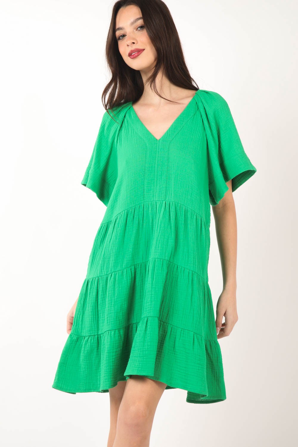 VERY J Textured V-Neck Ruffled Tiered Cotton Dress - Elegant & Feminine