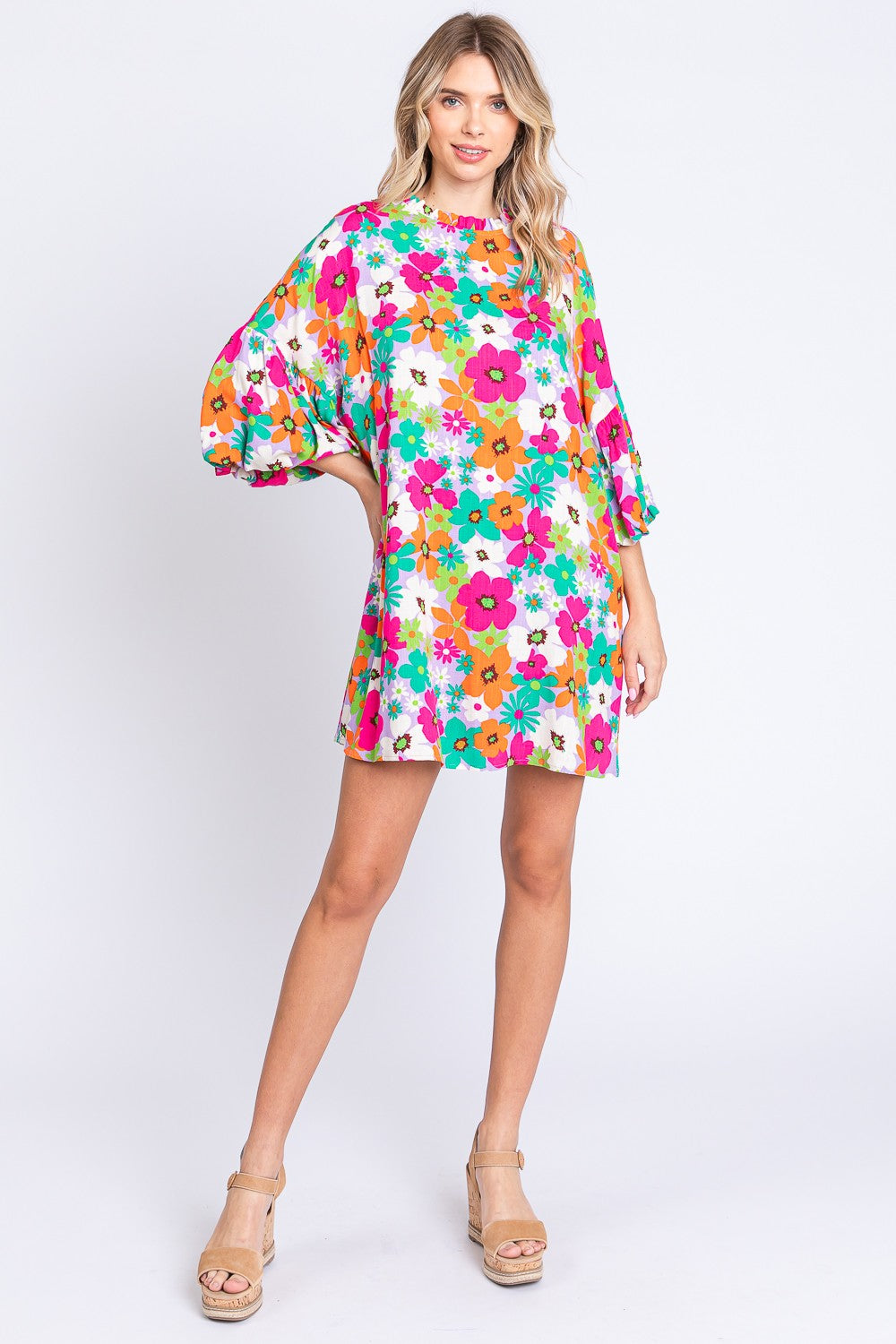 GeeGee Women's Floral Lantern Sleeve Mini Dress - Romantic Round Neck