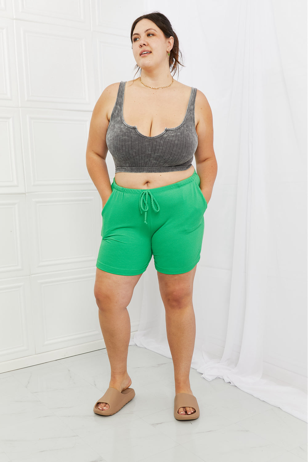 Blumin Apparel Full Size Ribbed Drawstring Shorts in Green - Comfortable, Casual, and Trendy