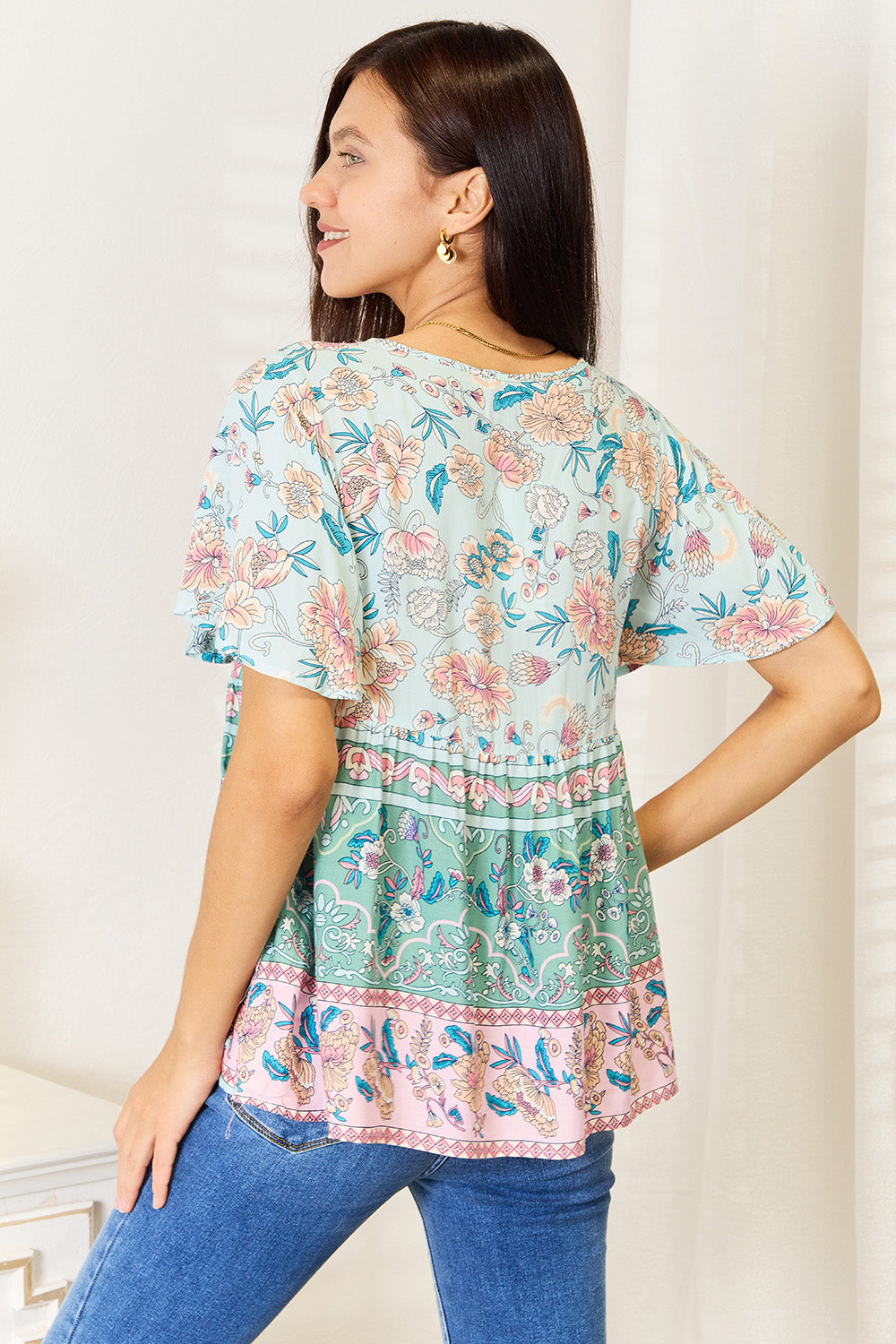 Chic Floral Tie-Neck Short Sleeve Blouse for Women - Versatile & Feminine
