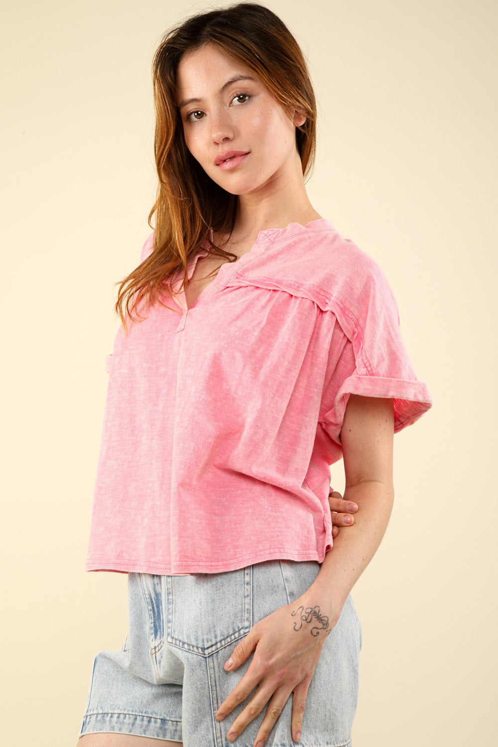 VERY J Women's Notched Short Sleeve Washed Knit T-Shirt - Casual and Trendy
