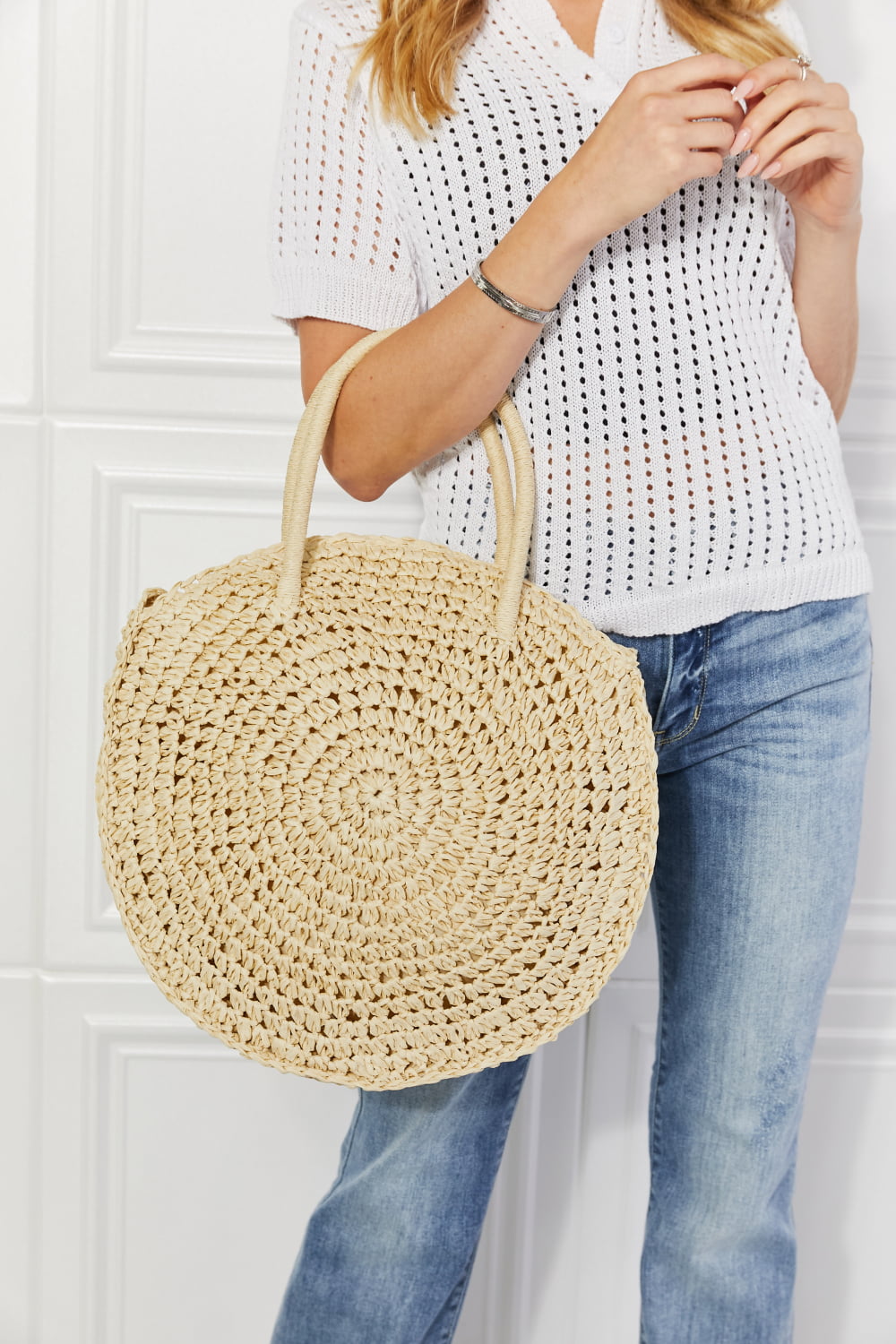 Eco-Friendly Justin Taylor Ivory Straw Rattan Handbag - Large Boho Chic