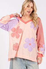 SAGE + FIG Daisy Applique Color Block Long Sleeve Cotton Top