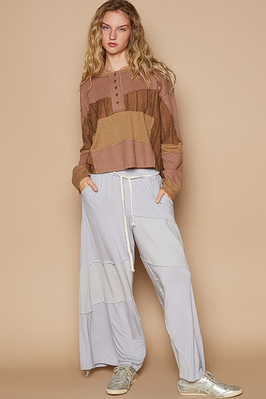 POL Women's Color Block Drop Shoulder Knit Top - Stylish Half Button Design