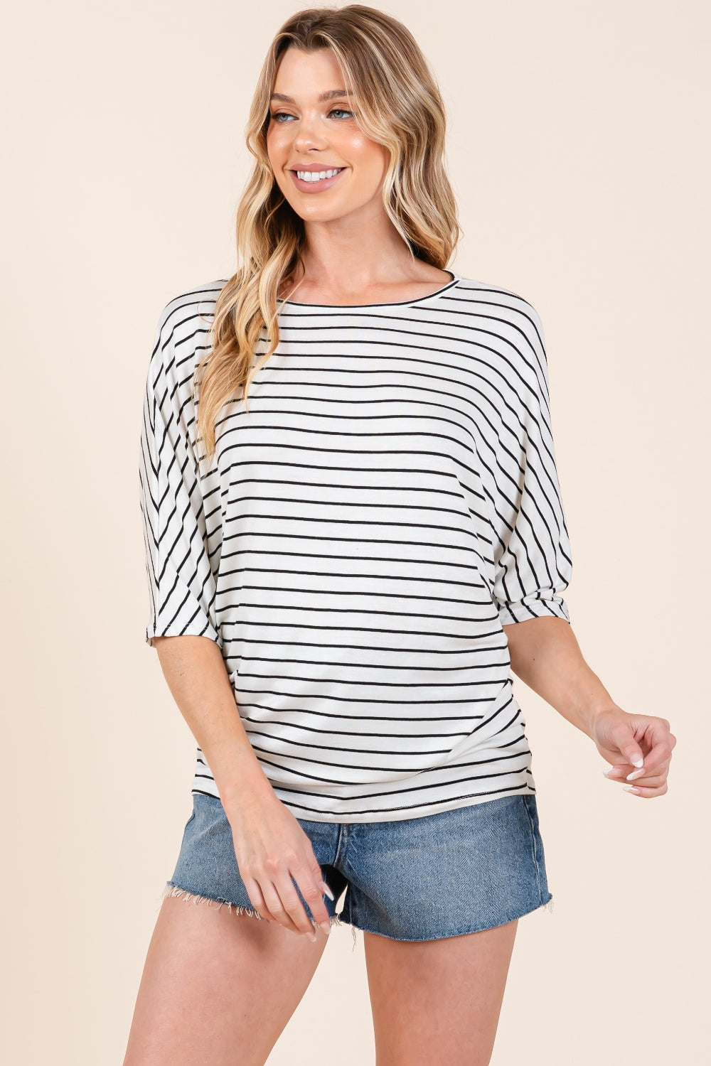 Elegant BOMBOM Striped Boat Neck Dolman Sleeve Top - Versatile Women's Fashion