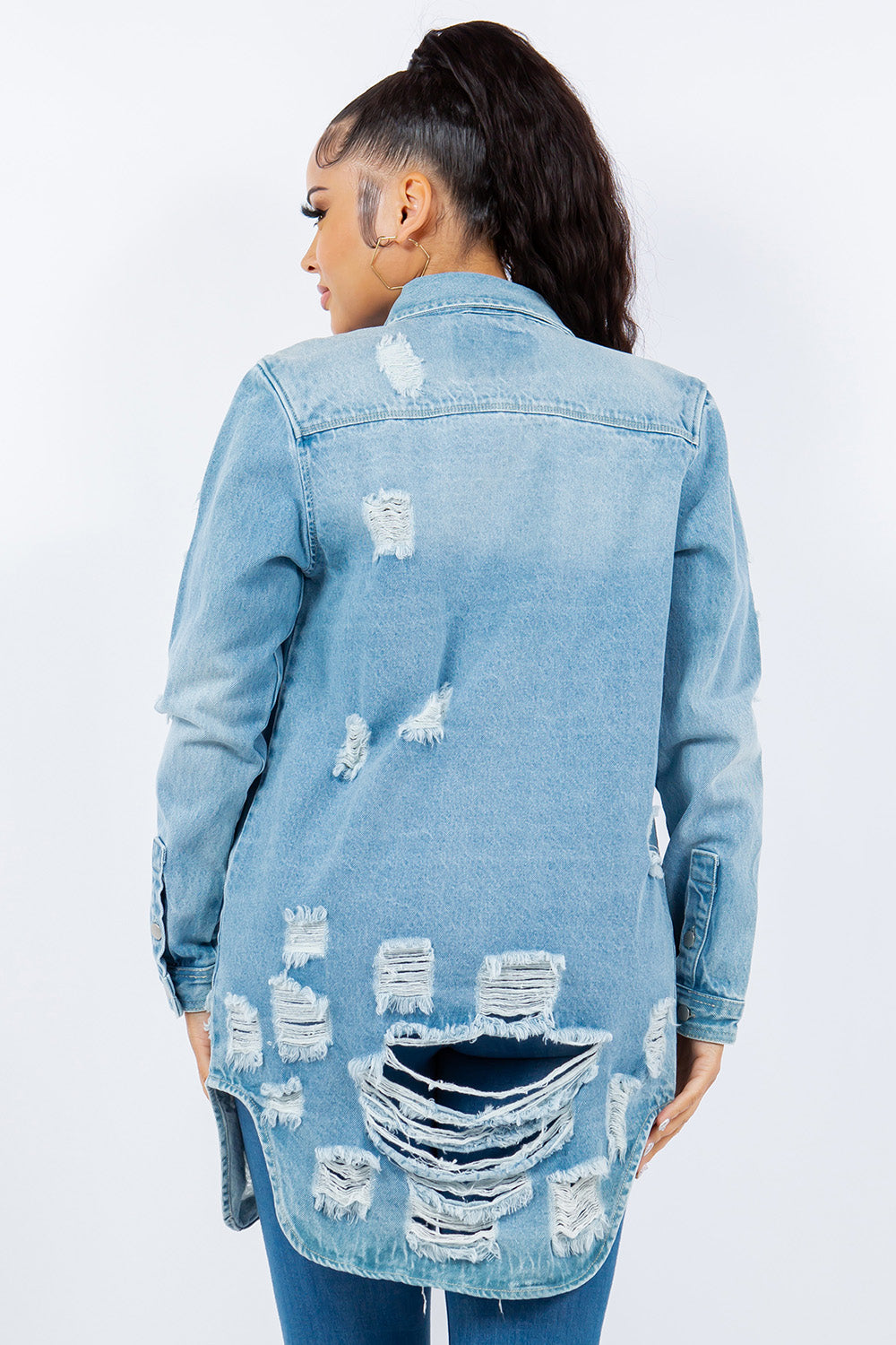 American Bazi Women's Distressed Denim Jacket - Trendy Button-Up Long Sleeve