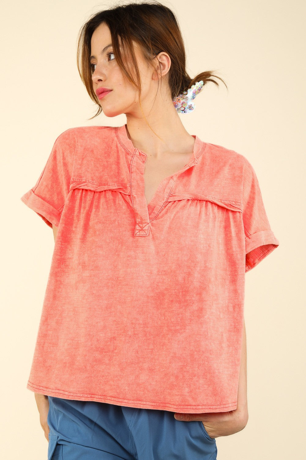 Trendy Washed Short Sleeve T-Shirt - Casual Knit Top by VERY J