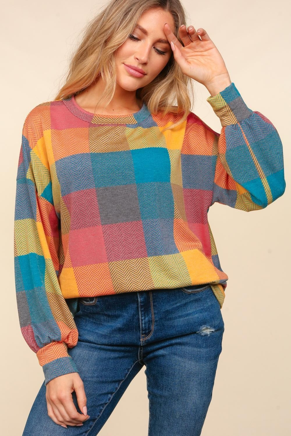 Haptics Contrast Plaid Round Neck Sweater - Cozy & Stylish Wardrobe Essential