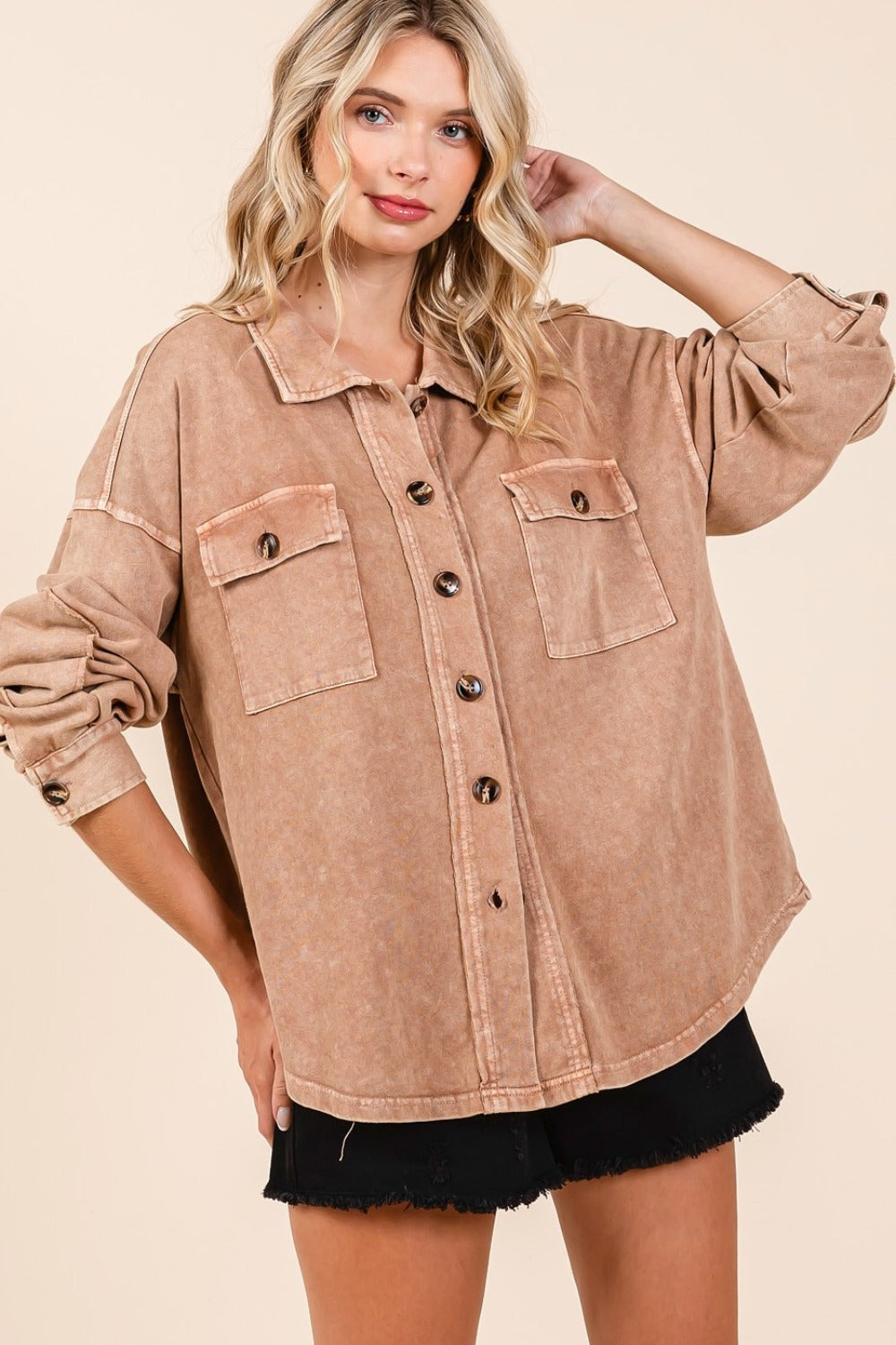 Trendy Mineral Wash French Terry Shacket with Elbow Patches by Mittoshop