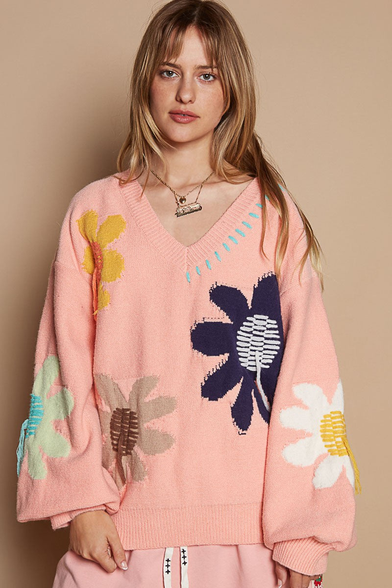 POL V-Neck Long Sleeve Bohemian Sweater with Floral Fringe - Chic Knitwear
