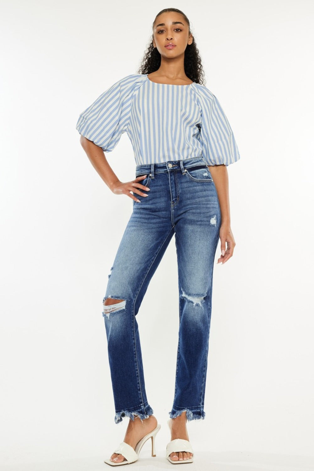 Kancan High Rise Distressed Slim Straight Jeans - Trendy Dark Wash, Flattering Fit for Women