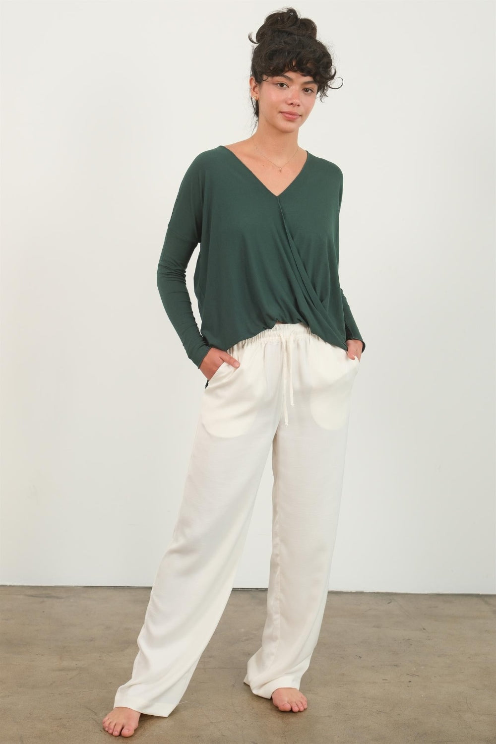HYFVE Draped Drop Shoulder Long Sleeve Top - Elegant Surplice Design for Versatile Styling