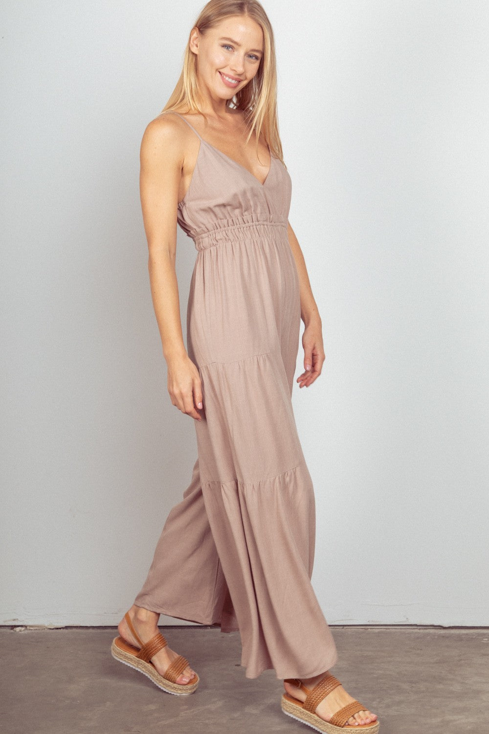 Chic Sleeveless Ruched Wide Leg Jumpsuit with Adjustable Straps
