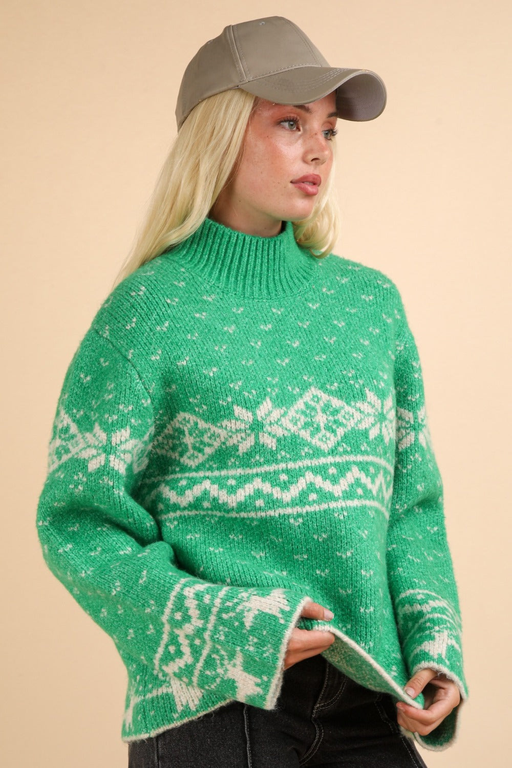 VERY J Festive Christmas Mock Neck Long Sleeve Sweater - Cozy Holiday Attire