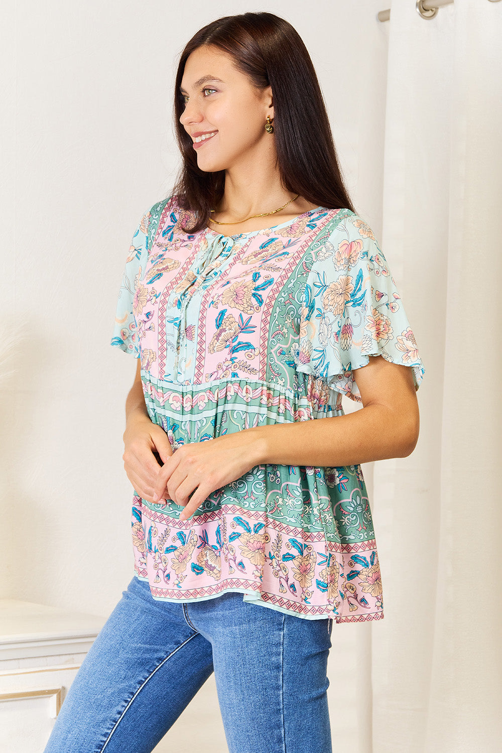 Chic Floral Tie-Neck Short Sleeve Blouse for Women - Versatile & Feminine
