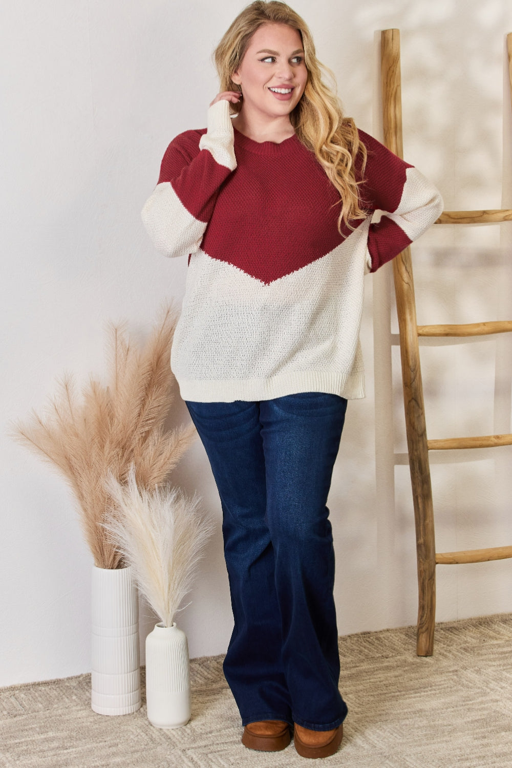 Hailey & Co Full Size Color Block Dropped Shoulder Knit Top - Stylish & Comfortable